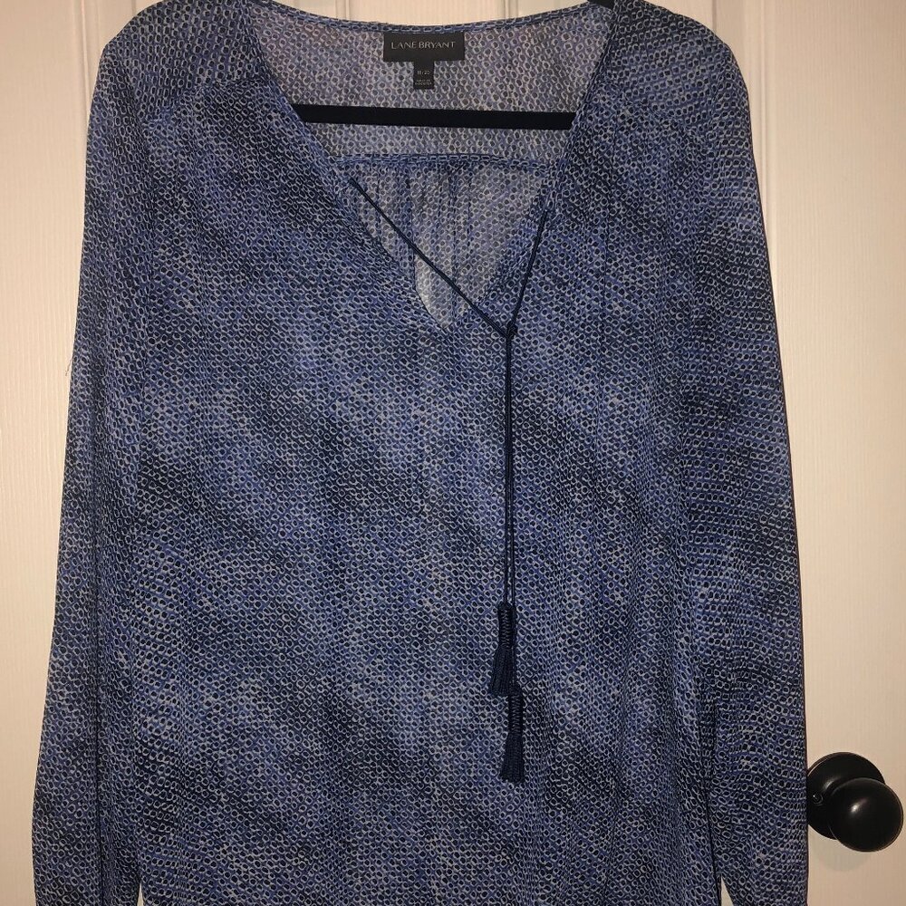 Lane Bryant blue black white tassel tie v neck sheer long sleeve blouse sz 18/20